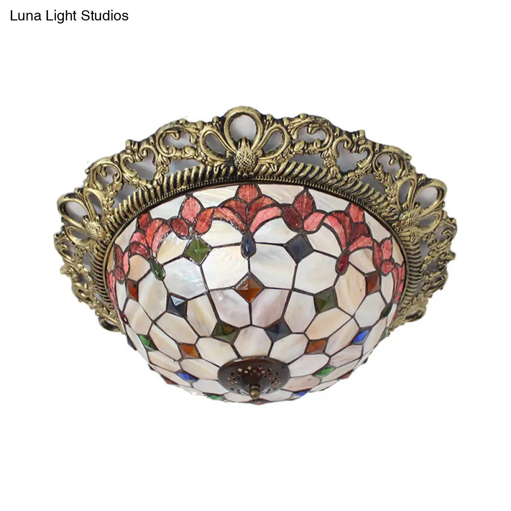 Mediterranean Shell Beaded Flush Light - Brass Flushmount With 3 Lights For Bedroom