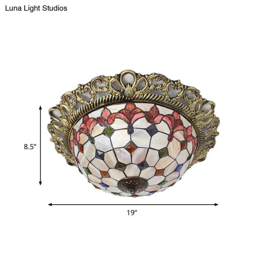 Mediterranean Shell Beaded Flush Light - Brass Flushmount With 3 Lights For Bedroom