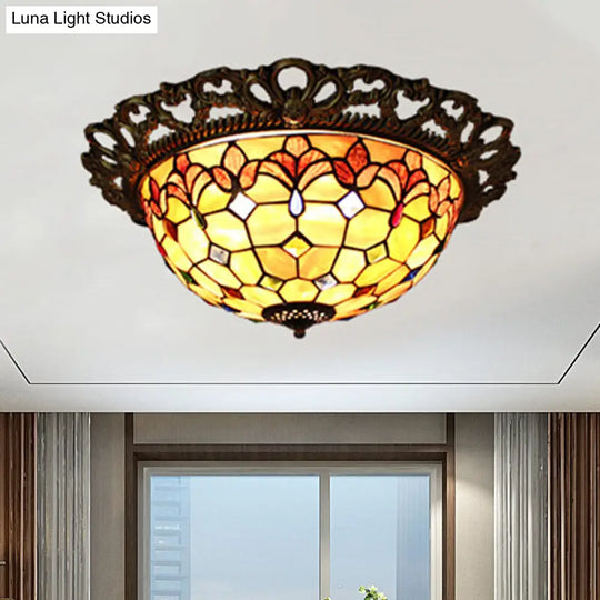 Mediterranean Shell Beaded Flush Light - Brass Flushmount With 3 Lights For Bedroom