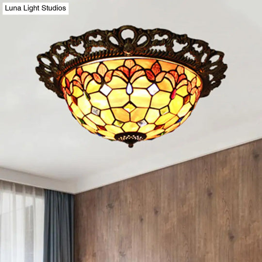 Mediterranean Shell Beaded Flush Light - Brass Flushmount With 3 Lights For Bedroom