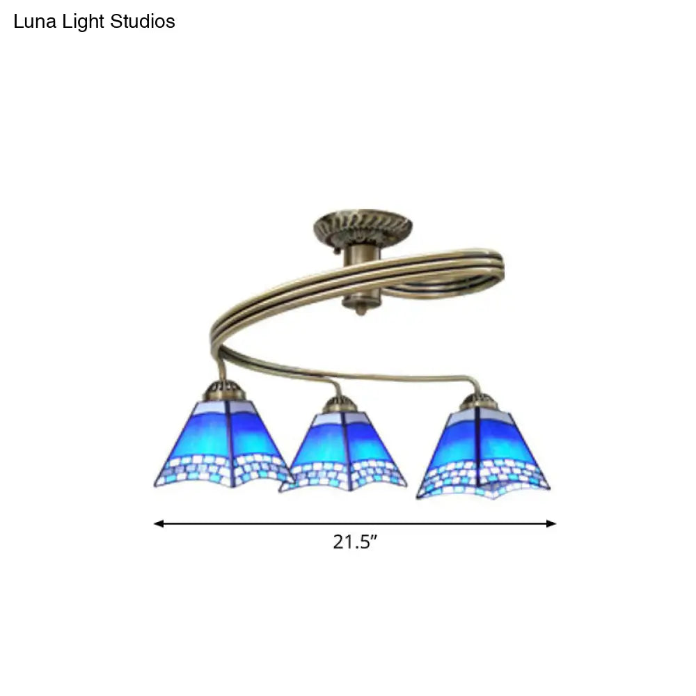 Modern Mediterranean Spiral Ceiling Light Metal Semi Flush Mount With Stained Glass Shade 3 / Blue