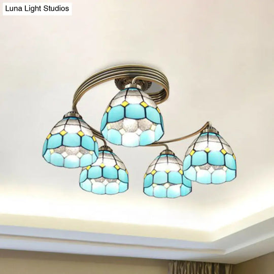 Mediterranean Spiral Metal Semi Flush Mount Ceiling Light With Stained Glass Shade