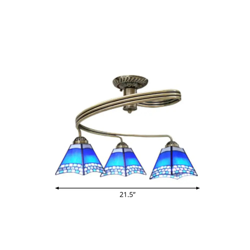 Mediterranean Spiral Metal Semi Flush Mount Ceiling Light With Stained Glass Shade 3 / Blue