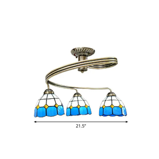 Mediterranean Spiral Metal Semi Flush Mount Ceiling Light With Stained Glass Shade 3 / Blue - White