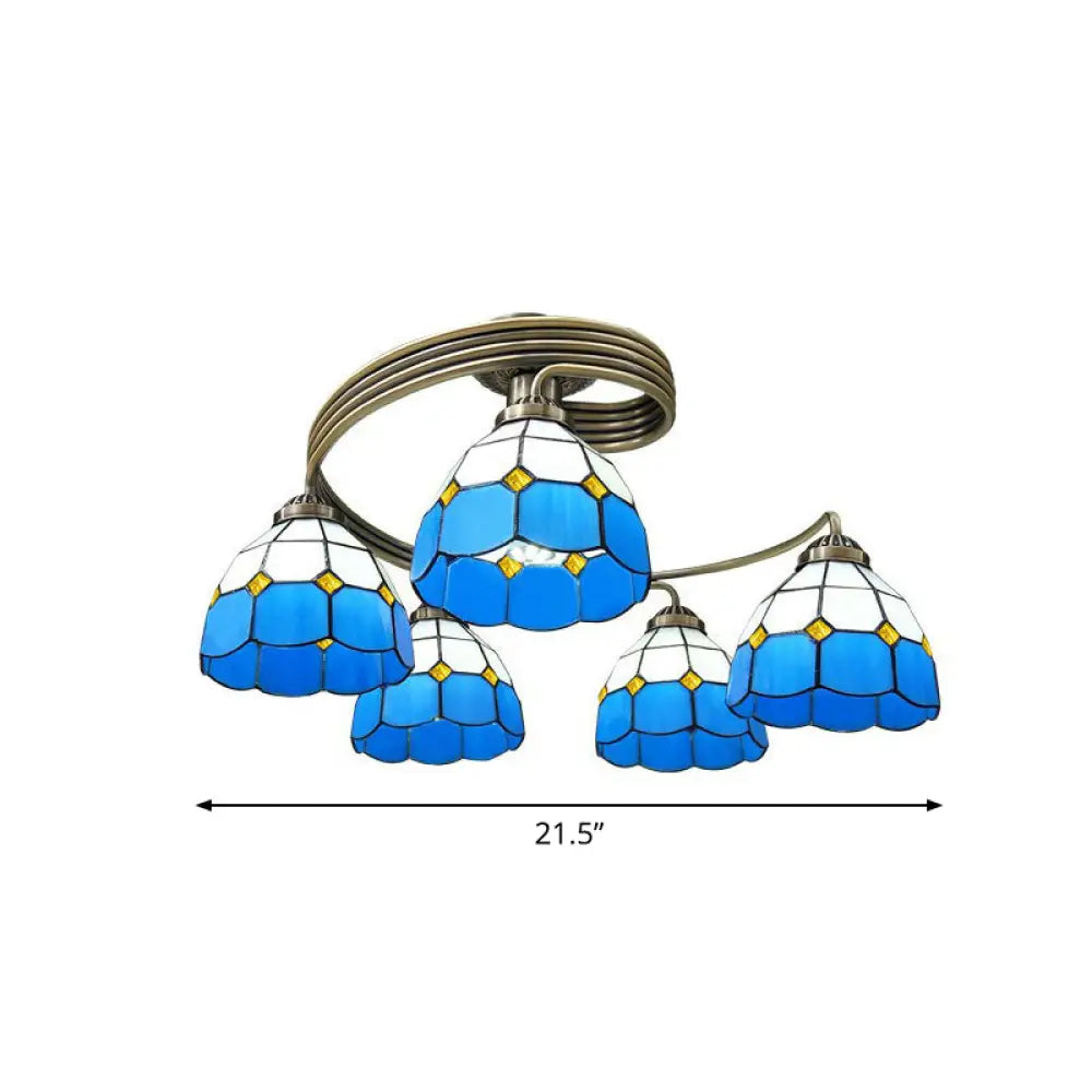 Mediterranean Spiral Metal Semi Flush Mount Ceiling Light With Stained Glass Shade 5 / Blue - White