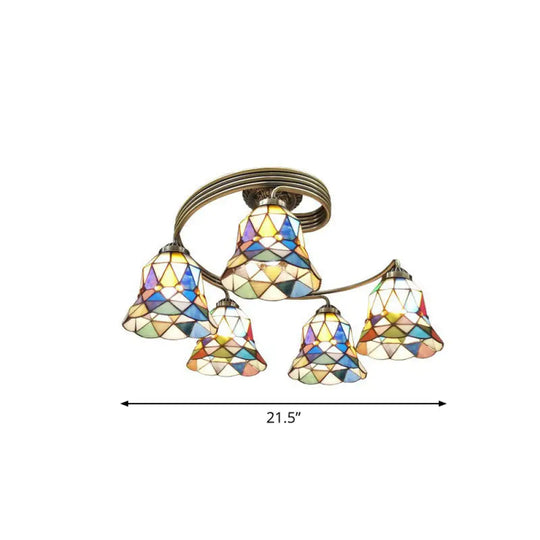 Mediterranean Spiral Metal Semi Flush Mount Ceiling Light With Stained Glass Shade 5 / Green - White