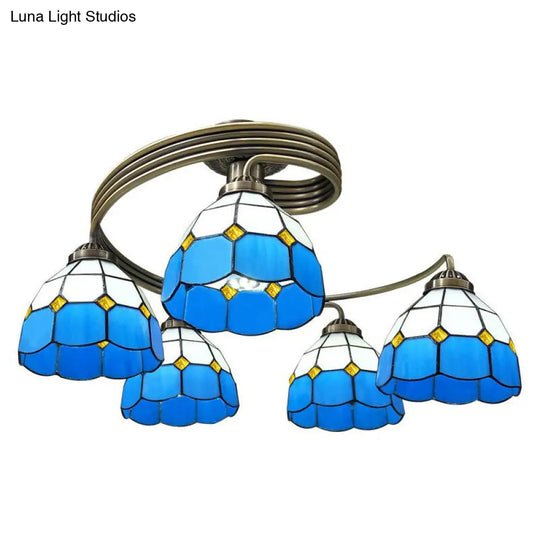 Modern Mediterranean Spiral Ceiling Light Metal Semi Flush Mount With Stained Glass Shade