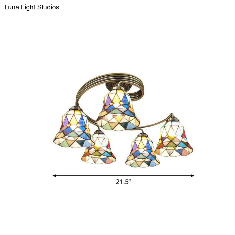 Modern Mediterranean Spiral Ceiling Light Metal Semi Flush Mount With Stained Glass Shade 5 /
