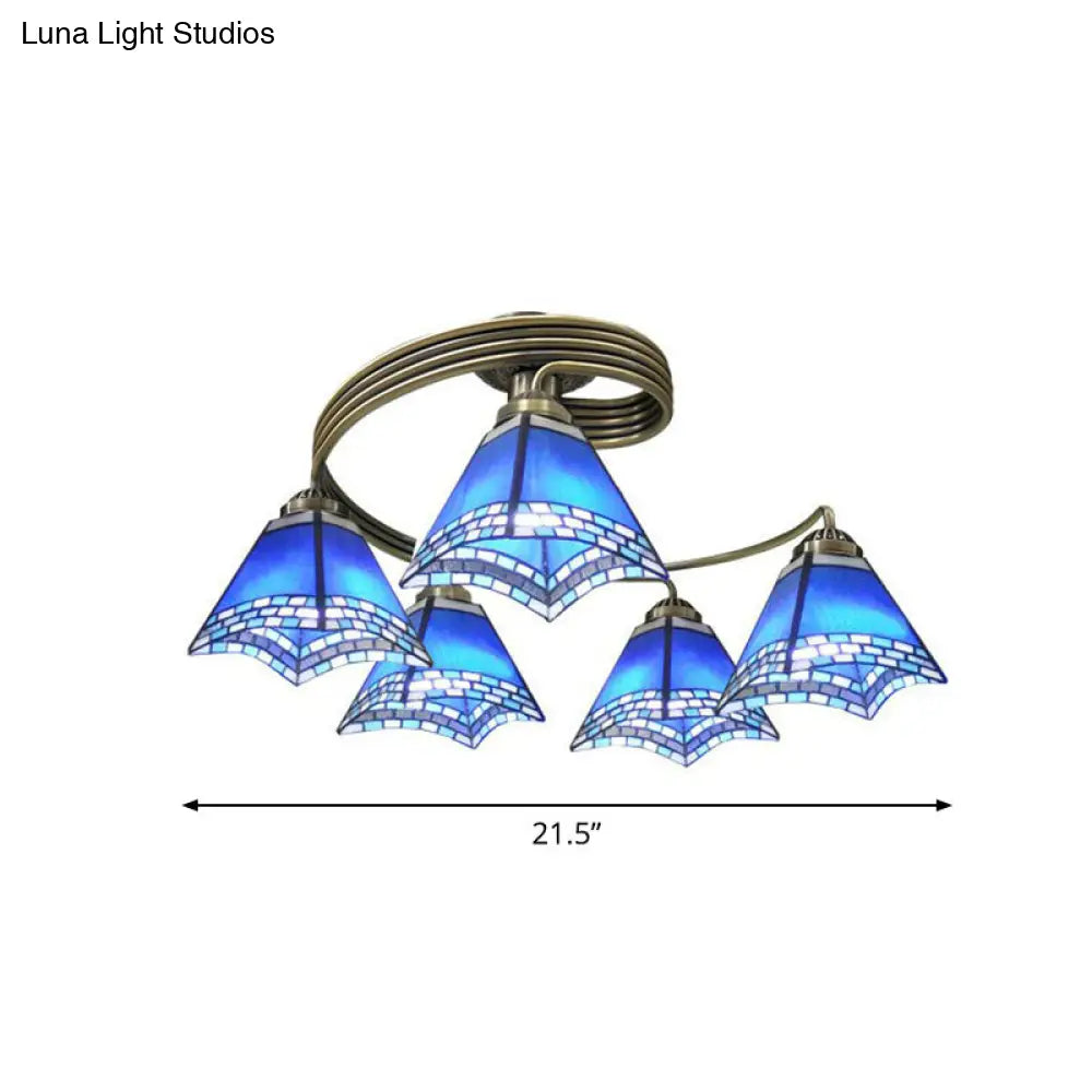 Modern Mediterranean Spiral Ceiling Light Metal Semi Flush Mount With Stained Glass Shade 5 / Blue