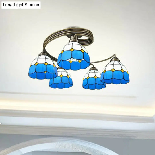 Modern Mediterranean Spiral Ceiling Light Metal Semi Flush Mount With Stained Glass Shade