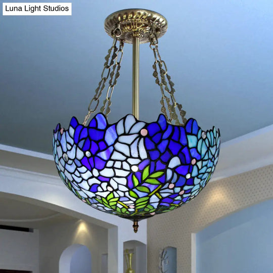 Mediterranean Stained Glass 3-Headed Blue Semi-Flush Dome Ceiling Light
