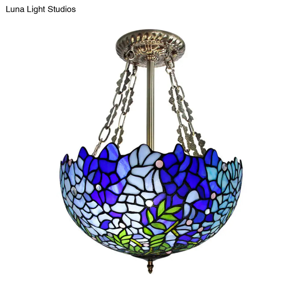 Mediterranean Stained Glass 3-Headed Blue Semi-Flush Dome Ceiling Light