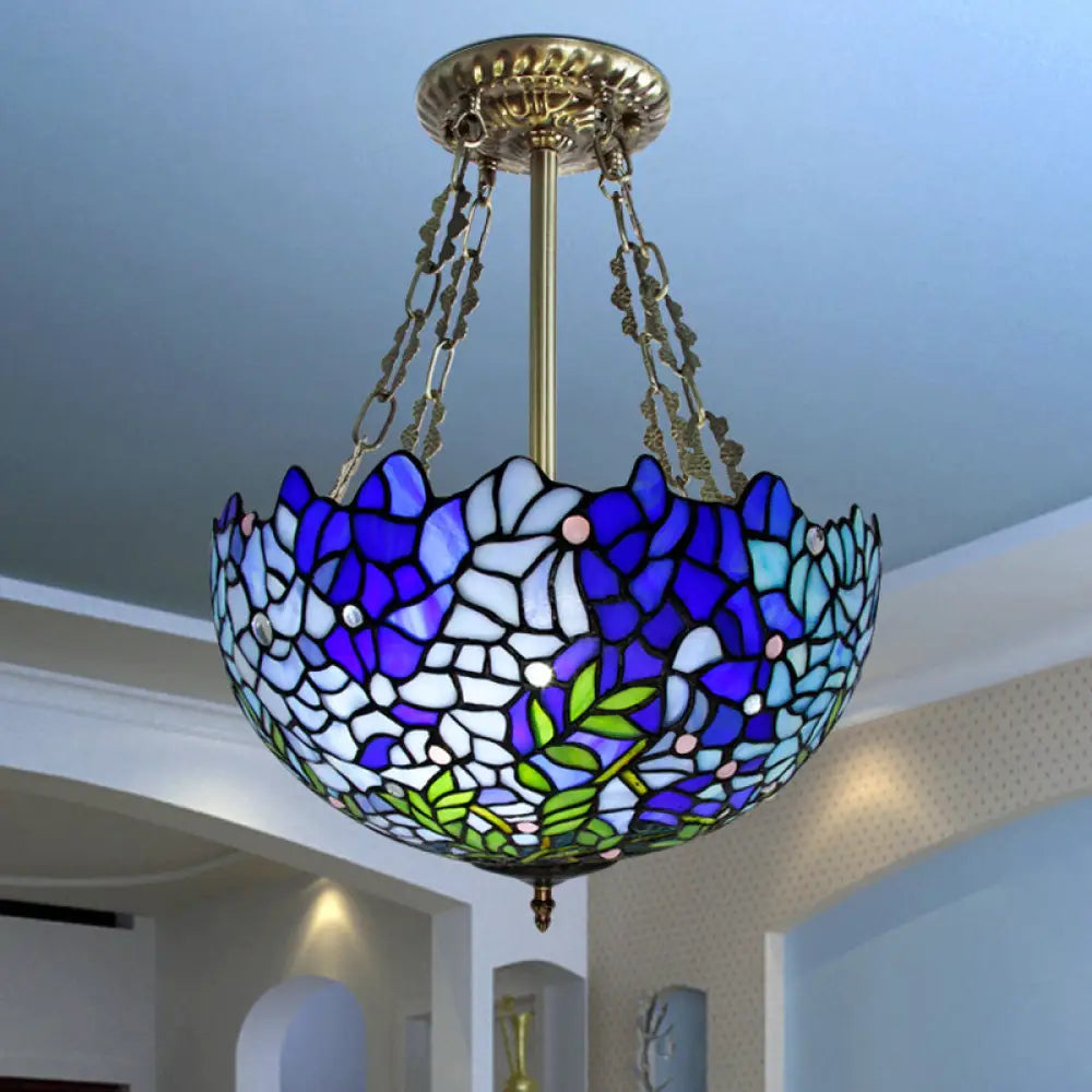 Mediterranean Stained Glass 3-Headed Blue Semi-Flush Dome Ceiling Light