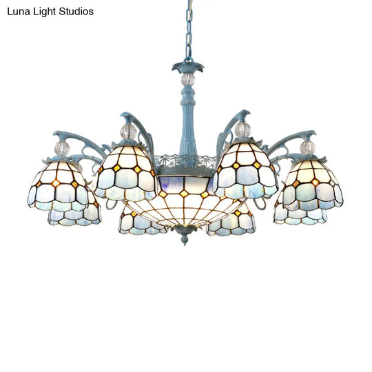 Mediterranean Stained Glass Bell Chandelier - Blue Hanging Lamp With 4/6/8 Lights For Dining Room