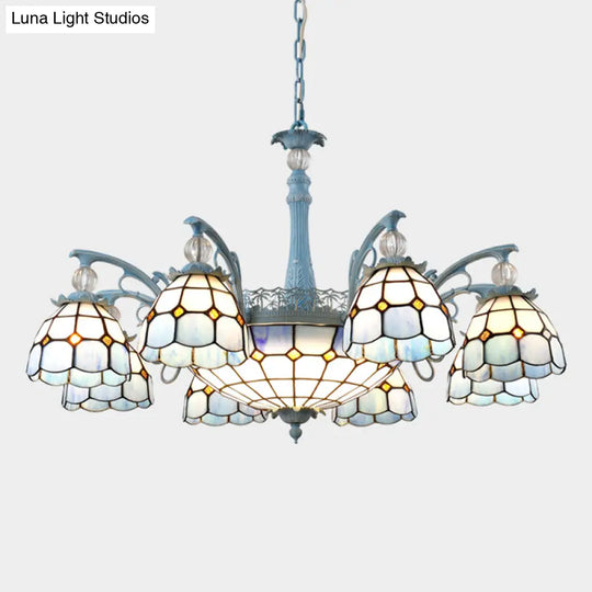 Mediterranean Stained Glass Bell Chandelier - Blue Hanging Lamp With 4/6/8 Lights For Dining Room