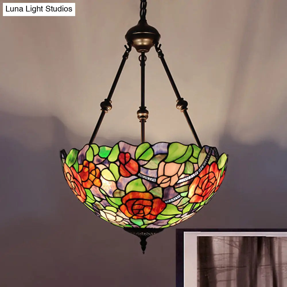 Mediterranean Stained Glass Bowl Ceiling Chandelier - 2 Lights Red/Yellow/Green Pendant Light