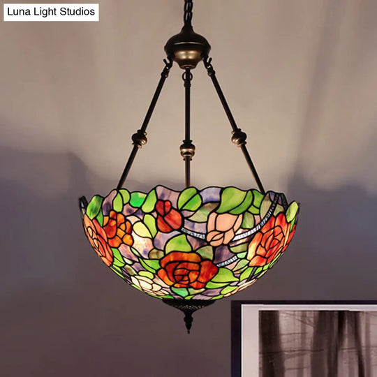 Mediterranean Stained Glass Bowl Ceiling Chandelier - 2 Lights Red/Yellow/Green Pendant Light