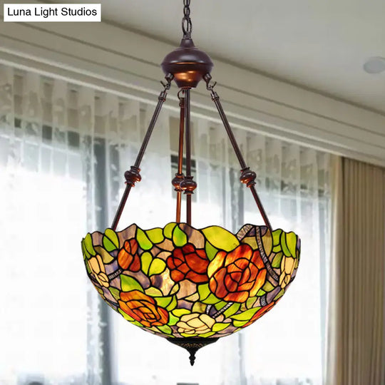 Mediterranean Stained Glass Bowl Ceiling Chandelier - 2 Lights Red/Yellow/Green Pendant Light