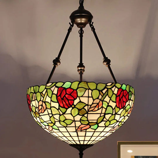 Mediterranean Stained Glass Bowl Ceiling Chandelier With 2 Red/Yellow/Green Pendant Lights Green