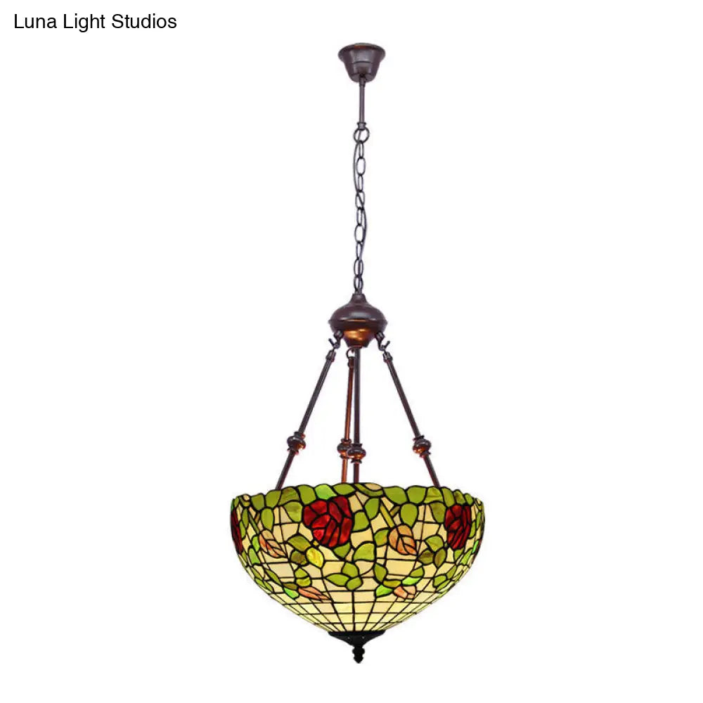 Mediterranean Stained Glass Bowl Ceiling Chandelier - 2 Lights Red/Yellow/Green Pendant Light