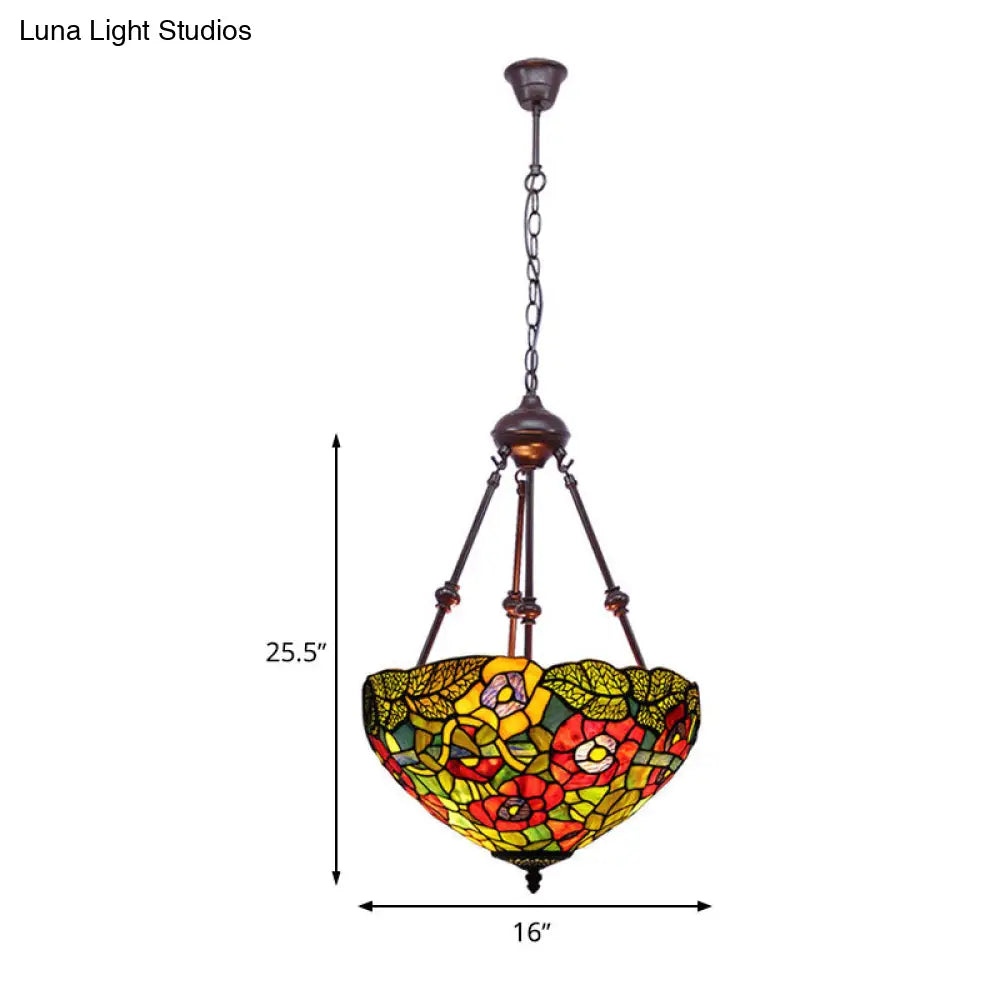 Mediterranean Stained Glass Bowl Ceiling Chandelier - 2 Lights Red/Yellow/Green Pendant Light