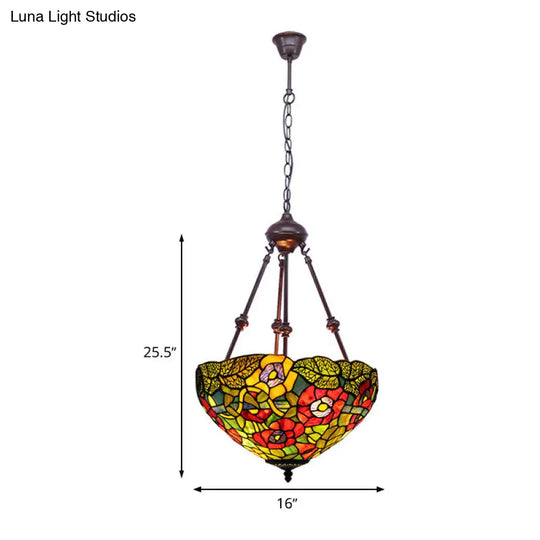 Mediterranean Stained Glass Bowl Ceiling Chandelier - 2 Lights Red/Yellow/Green Pendant Light