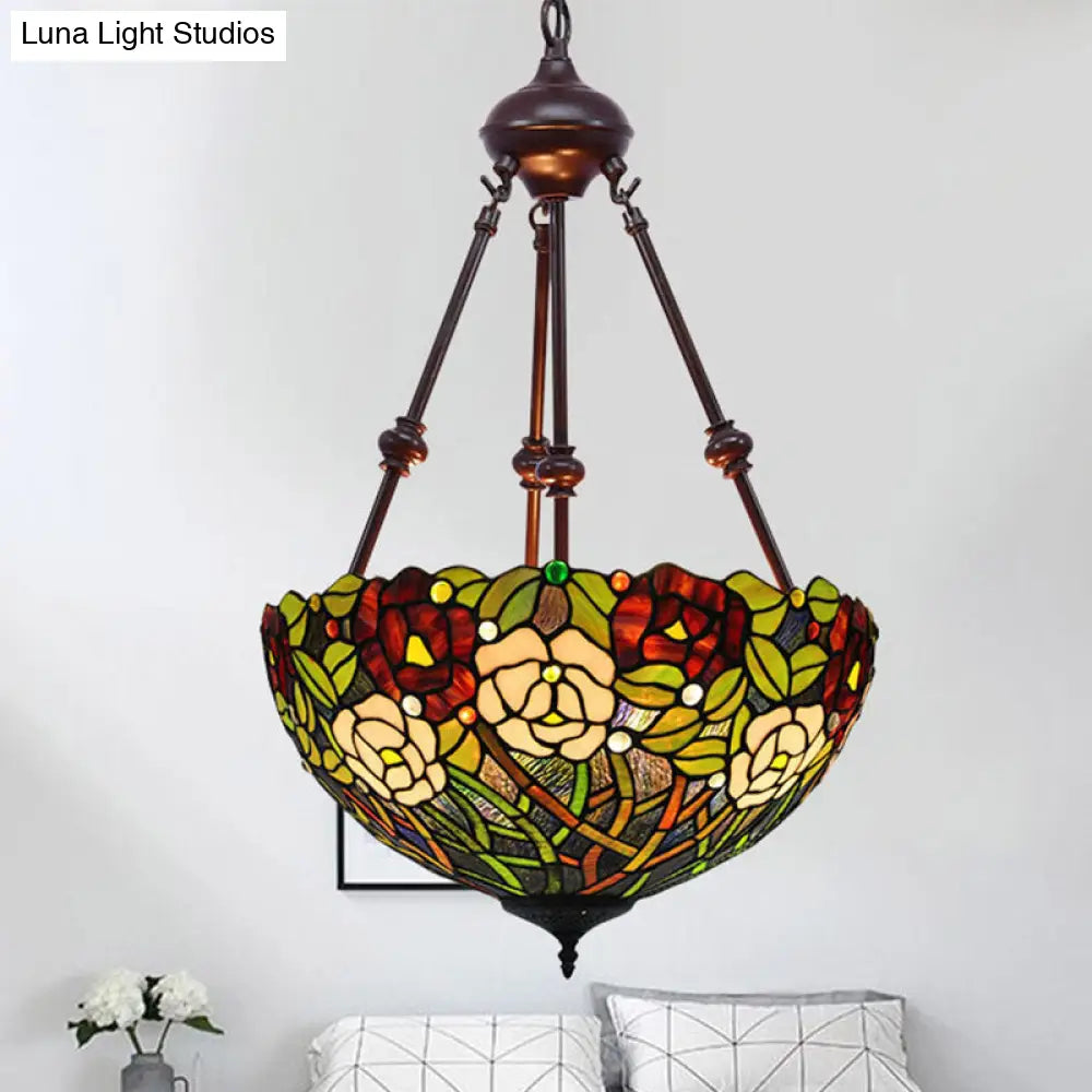 Mediterranean Stained Glass Bowl Ceiling Chandelier With 2 Red/Yellow/Green Pendant Lights