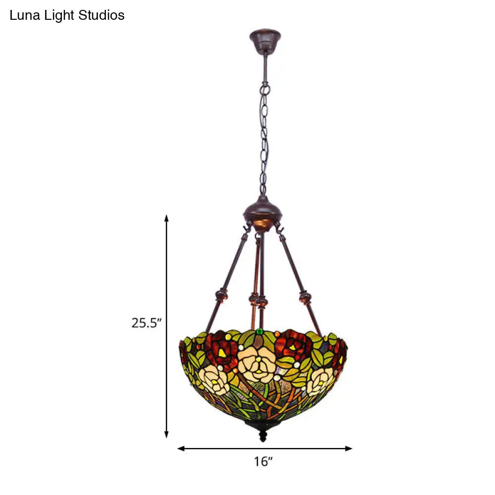 Mediterranean Stained Glass Bowl Ceiling Chandelier With 2 Red/Yellow/Green Pendant Lights