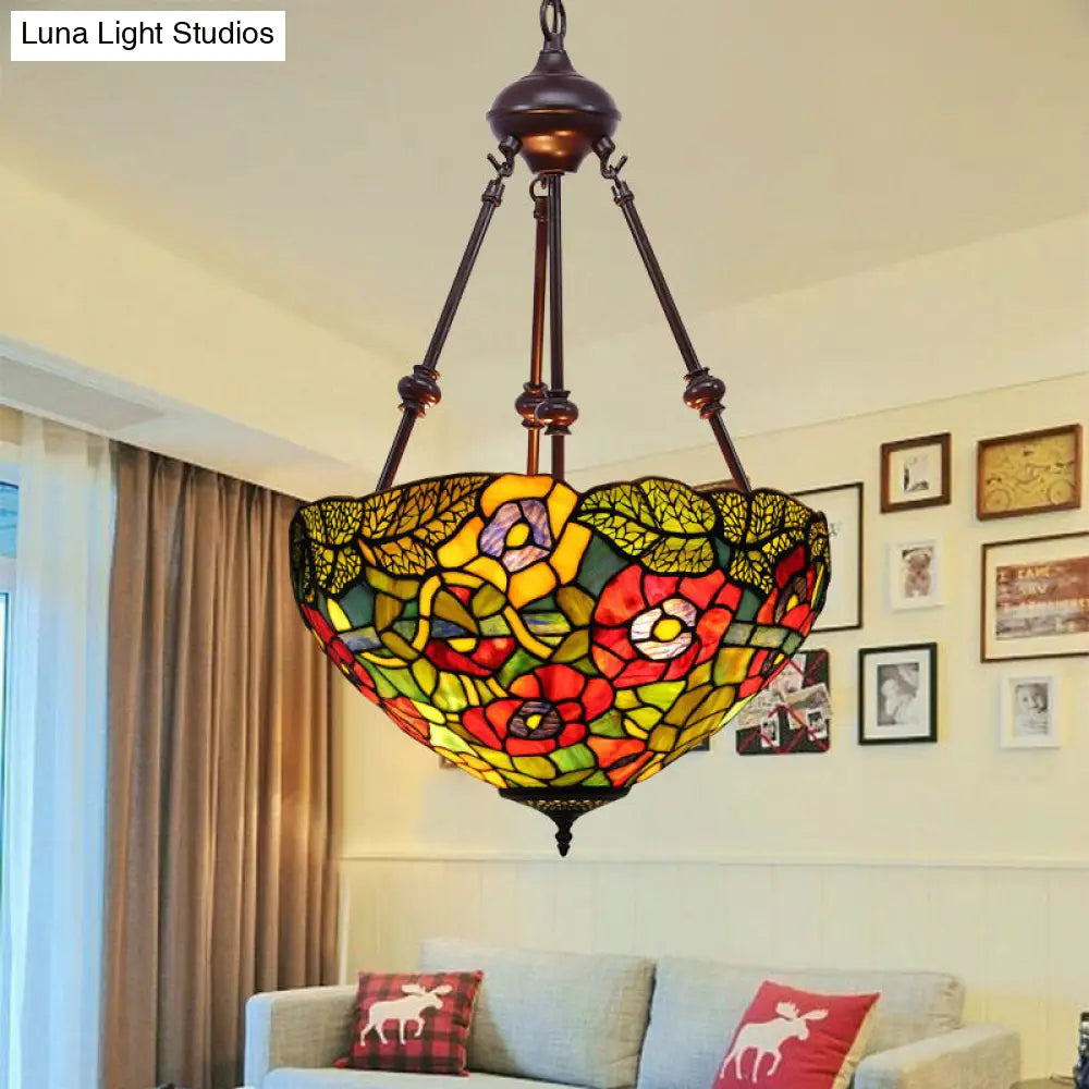 Mediterranean Stained Glass Bowl Ceiling Chandelier - 2 Lights Red/Yellow/Green Pendant Light