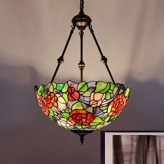 Mediterranean Stained Glass Bowl Ceiling Chandelier With 2 Red/Yellow/Green Pendant Lights Green-Red