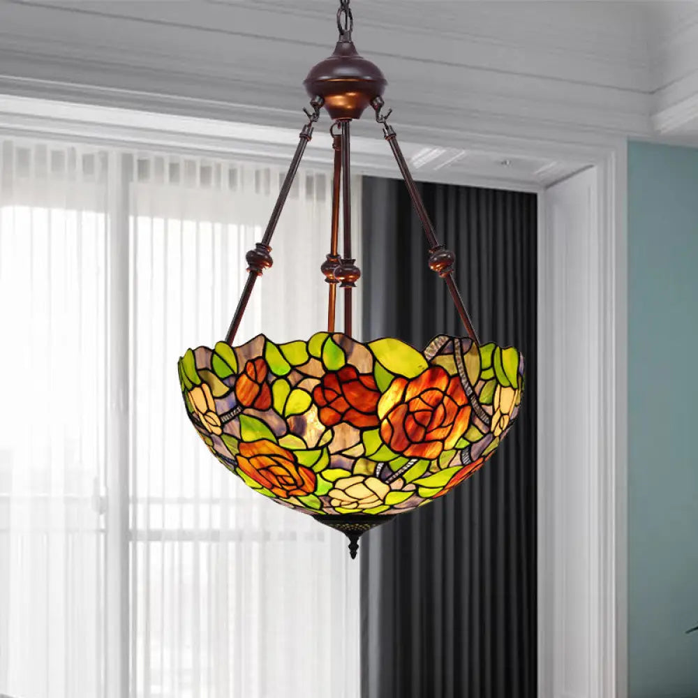 Mediterranean Stained Glass Bowl Ceiling Chandelier With 2 Red/Yellow/Green Pendant Lights Red