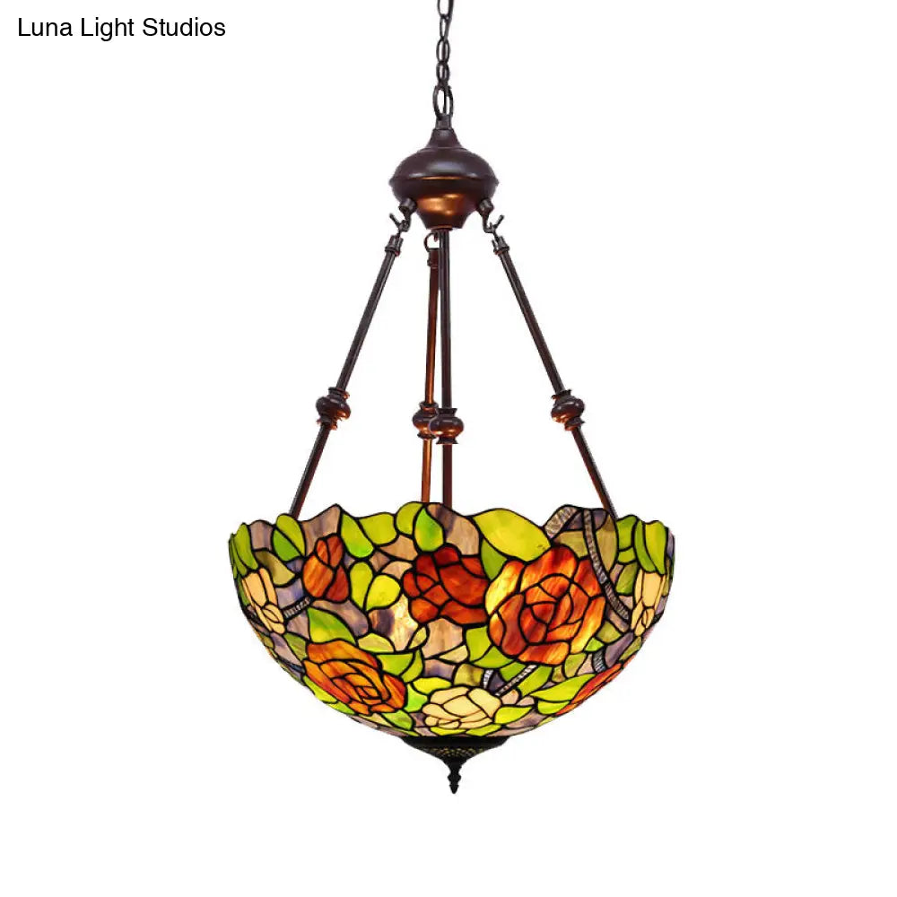 Mediterranean Stained Glass Bowl Ceiling Chandelier - 2 Lights Red/Yellow/Green Pendant Light