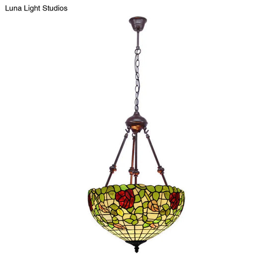 Mediterranean Stained Glass Bowl Ceiling Chandelier With 2 Red/Yellow/Green Pendant Lights