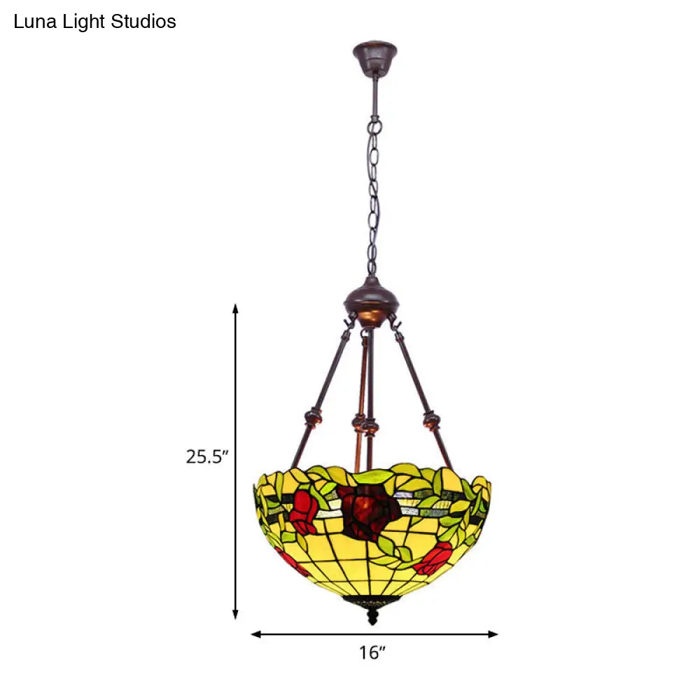 Mediterranean Stained Glass Bowl Ceiling Chandelier With 2 Red/Yellow/Green Pendant Lights