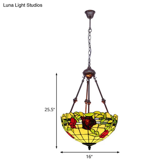 Mediterranean Stained Glass Bowl Ceiling Chandelier With 2 Red/Yellow/Green Pendant Lights