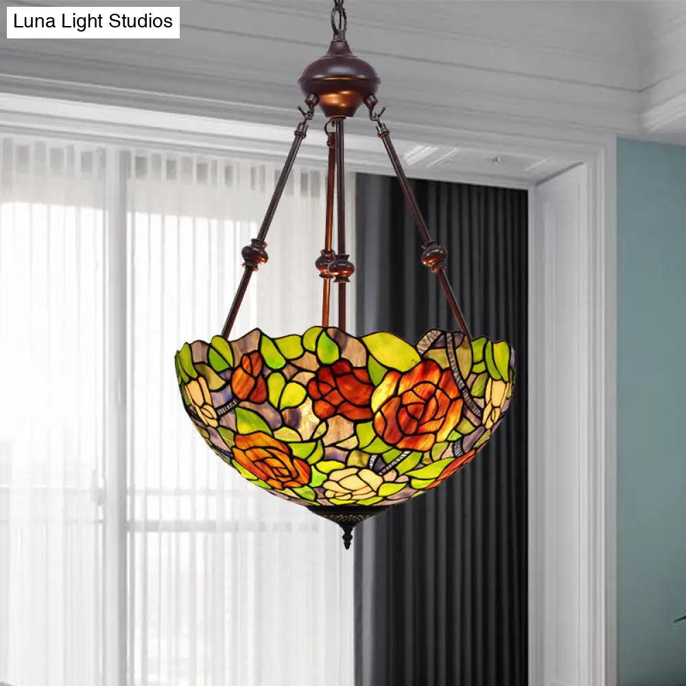 Mediterranean Stained Glass Bowl Ceiling Chandelier - 2 Lights Red/Yellow/Green Pendant Light Red