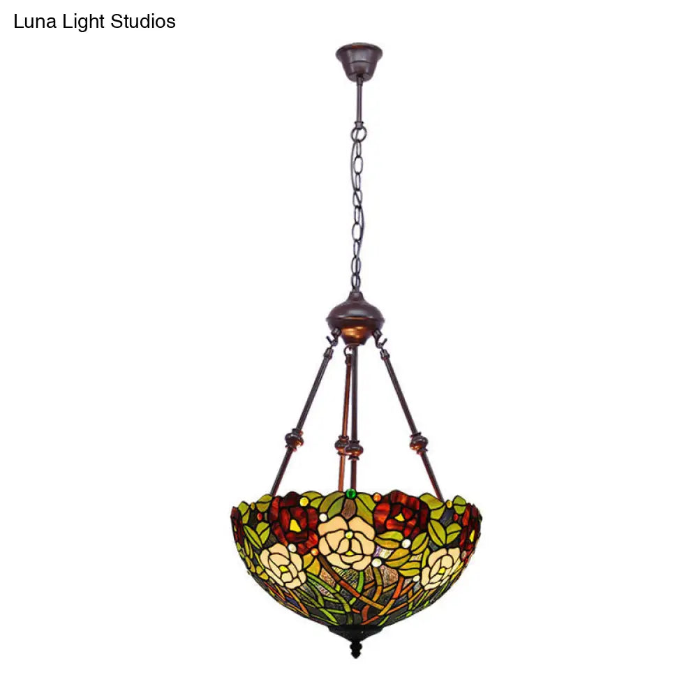 Mediterranean Stained Glass Bowl Ceiling Chandelier With 2 Red/Yellow/Green Pendant Lights