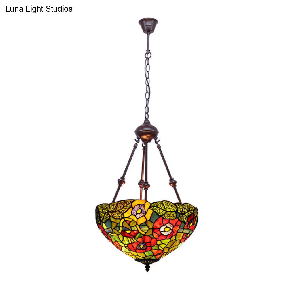 Mediterranean Stained Glass Bowl Ceiling Chandelier - 2 Lights Red/Yellow/Green Pendant Light