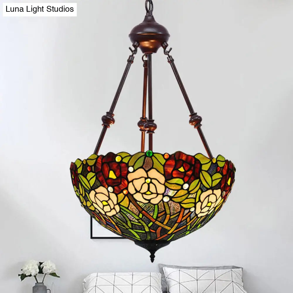 Mediterranean Stained Glass Bowl Ceiling Chandelier - 2 Lights Red/Yellow/Green Pendant Light