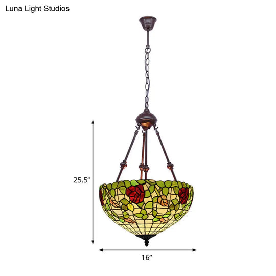 Mediterranean Stained Glass Bowl Ceiling Chandelier With 2 Red/Yellow/Green Pendant Lights