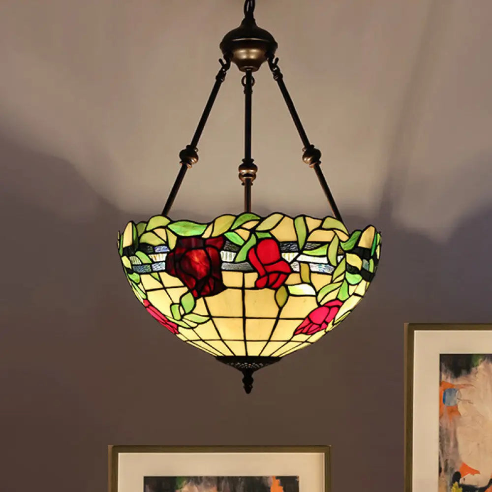 Mediterranean Stained Glass Bowl Ceiling Chandelier With 2 Red/Yellow/Green Pendant Lights Yellow