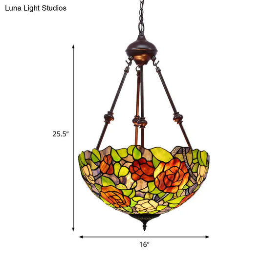 Mediterranean Stained Glass Bowl Ceiling Chandelier - 2 Lights Red/Yellow/Green Pendant Light