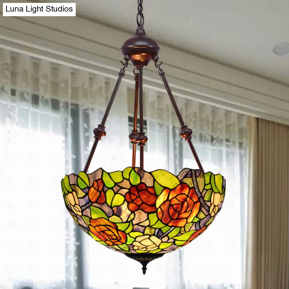 Mediterranean Stained Glass Bowl Ceiling Chandelier With 2 Red/Yellow/Green Pendant Lights