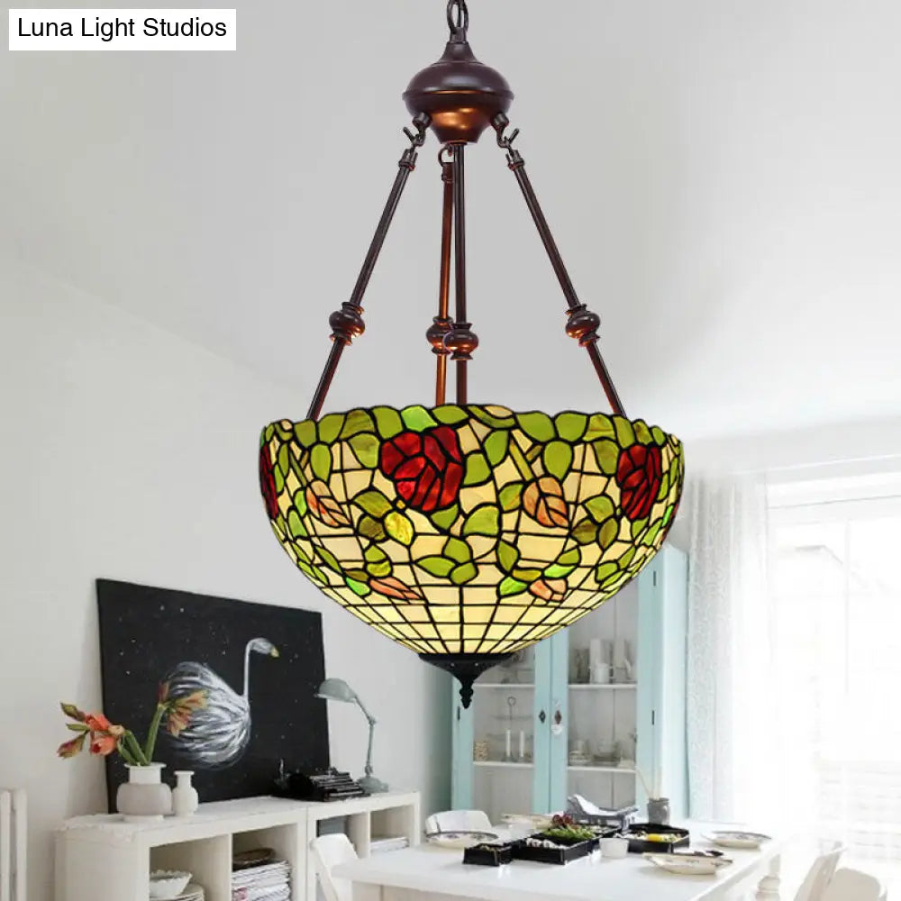 Mediterranean Stained Glass Bowl Ceiling Chandelier - 2 Lights Red/Yellow/Green Pendant Light