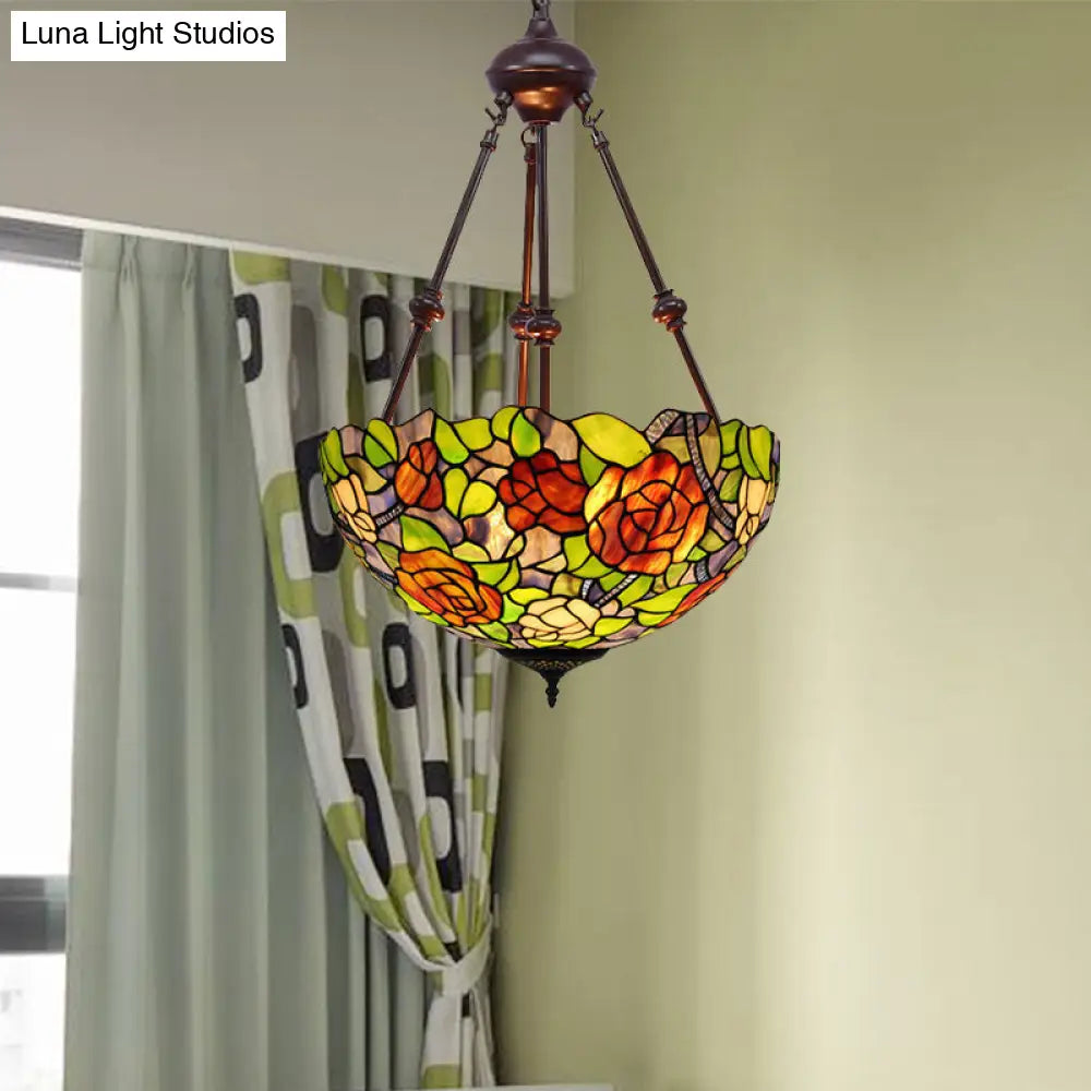 Mediterranean Stained Glass Bowl Ceiling Chandelier With 2 Red/Yellow/Green Pendant Lights