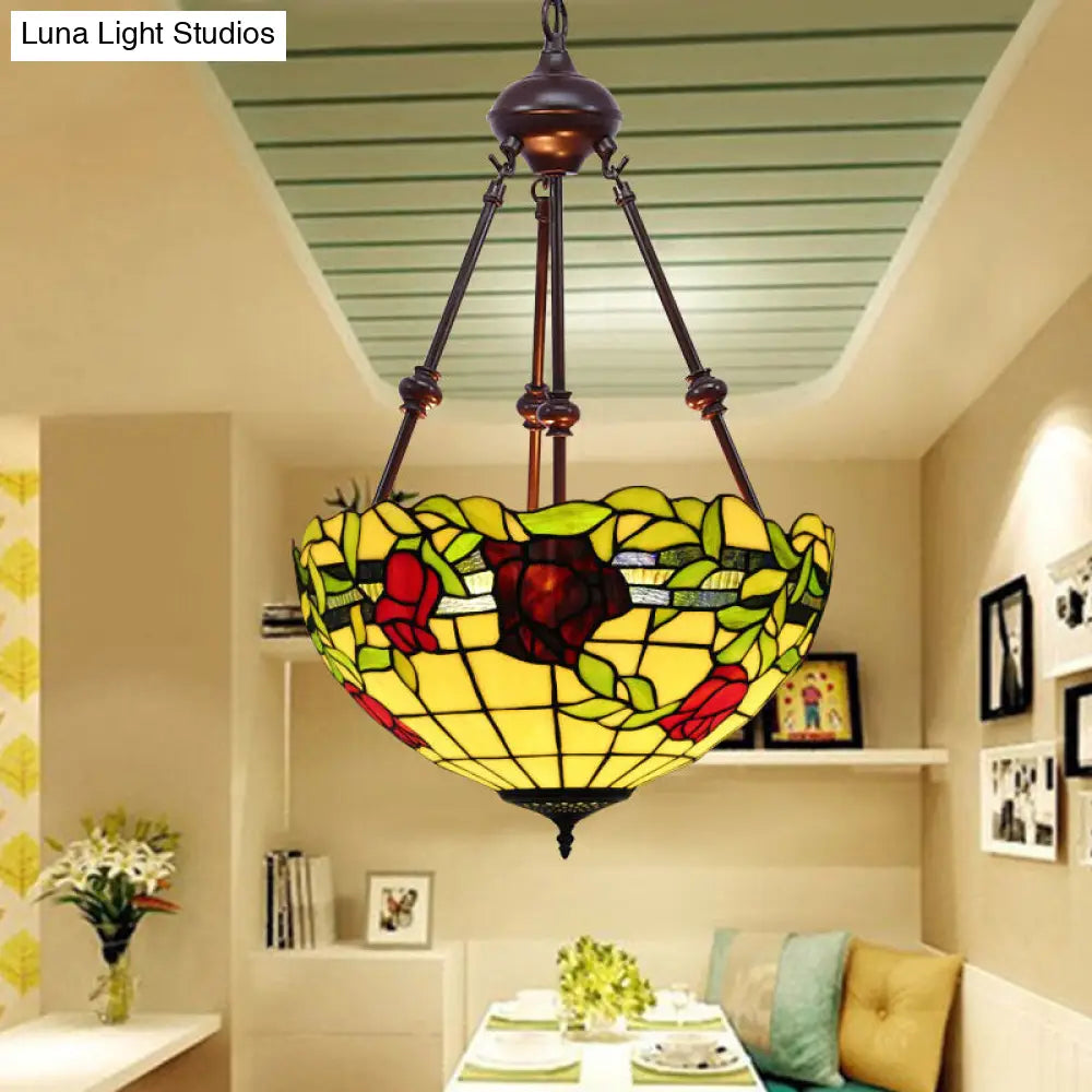 Mediterranean Stained Glass Bowl Ceiling Chandelier - 2 Lights Red/Yellow/Green Pendant Light