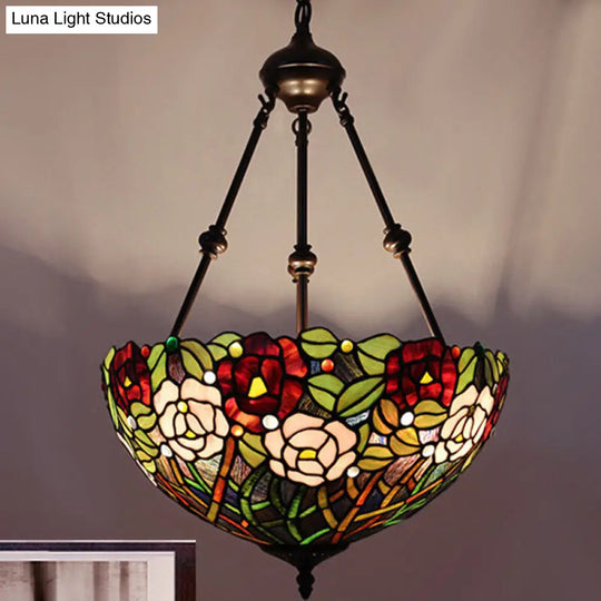 Mediterranean Stained Glass Bowl Ceiling Chandelier - 2 Lights Red/Yellow/Green Pendant Light Dark