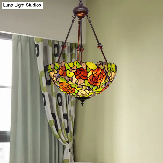 Mediterranean Stained Glass Bowl Ceiling Chandelier - 2 Lights Red/Yellow/Green Pendant Light