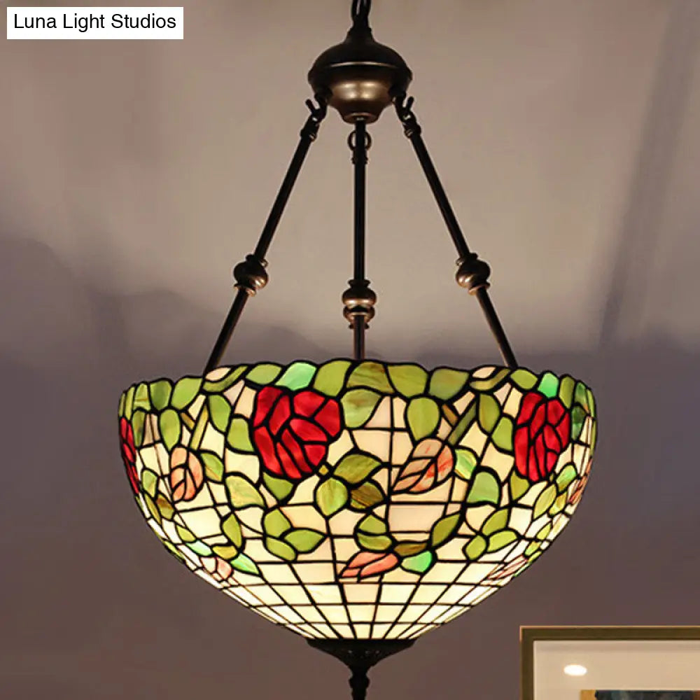 Mediterranean Stained Glass Bowl Ceiling Chandelier - 2 Lights Red/Yellow/Green Pendant Light Green