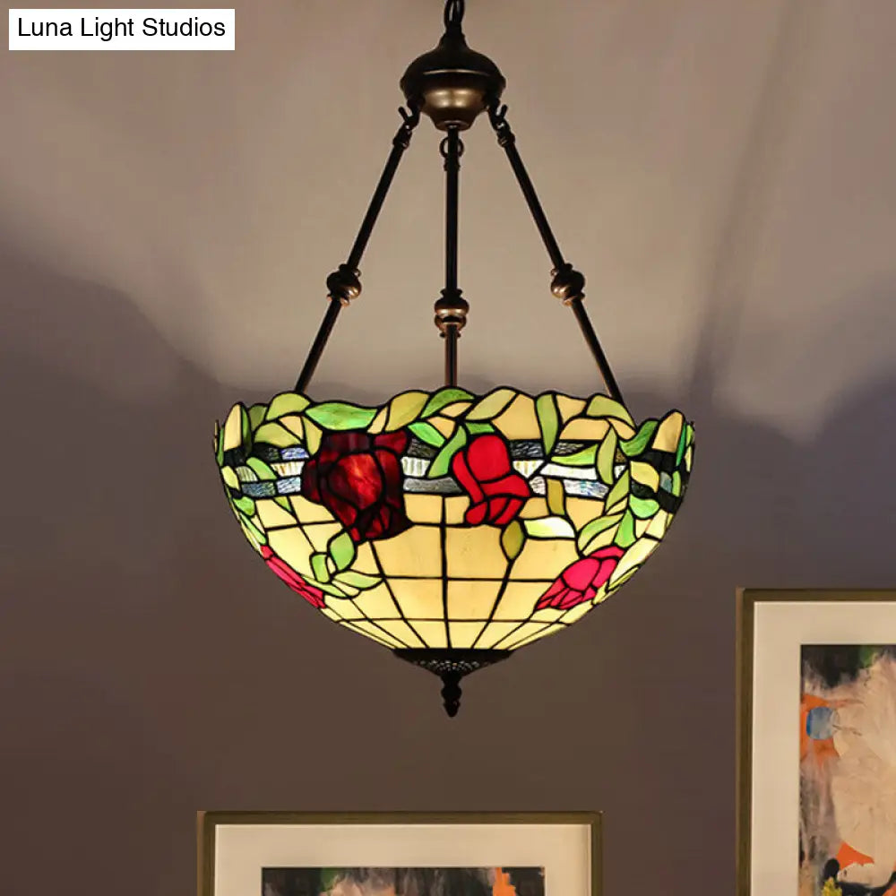 Mediterranean Stained Glass Bowl Ceiling Chandelier - 2 Lights Red/Yellow/Green Pendant Light Yellow